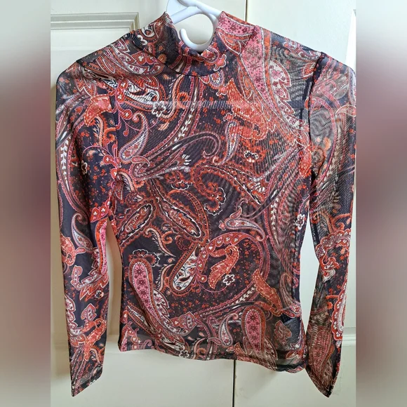 Paisley Print Mock Neck Sheer Mesh Long Sleeve Top Fall Sheer top - Picture 4 of 4